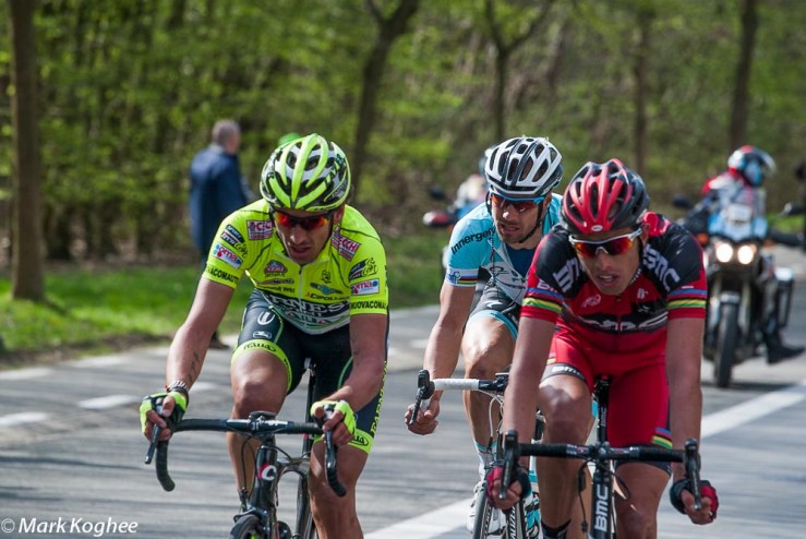 April 1. Tom Boonen of Belgium (middle) has escaped in the Tour of Flanders with Italians (Filippo Pozzato) and Alessandro Ballan. Boonen would beat them both in the sprint in Oudenaarde.