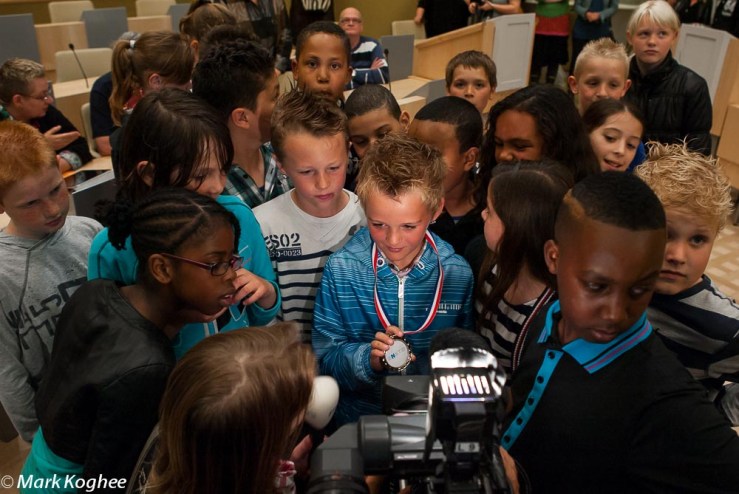 May 10. 9 year old Youri Brouwer from Assendelft is in the centre of attention after he rescued a 4 year old from the water. Here he get's interviewed for tv after receiving a medal.
