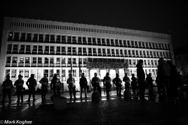 In fall a series of violent protests spread through Slovenia. Here riot police stands guard in front of the Parliament on November 27.