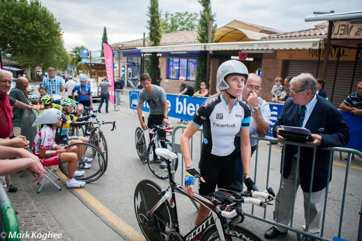 Carla Ryan of Australia is hyperconcentrated before the start of the prologue of the Tour d'Ardeche in France on September 9.