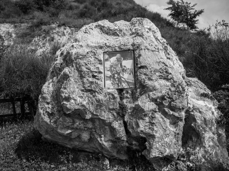 A rock at the top of Montevecchio now carries the picture of Marco Pantani.
