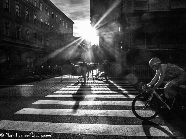 It hasn't been a good summer in Slovenia but during the four days of the World Championships there was plenty of sunshine. Here the sun peeps through the buildings in the centre of Ljubljana during the team relay race on Friday evening.